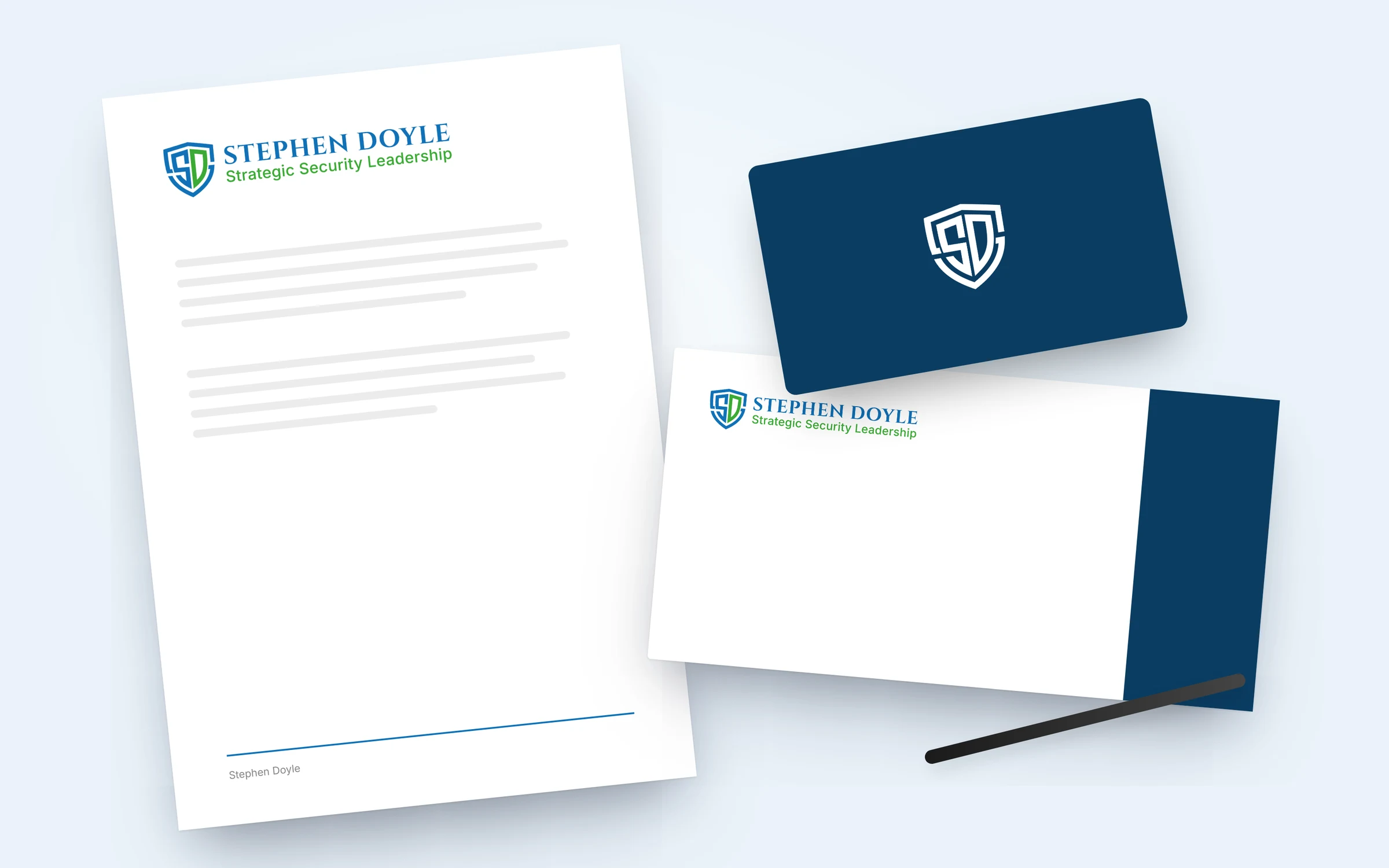 Stationery set for Stephen Doyle with letterhead, envelope and business cards