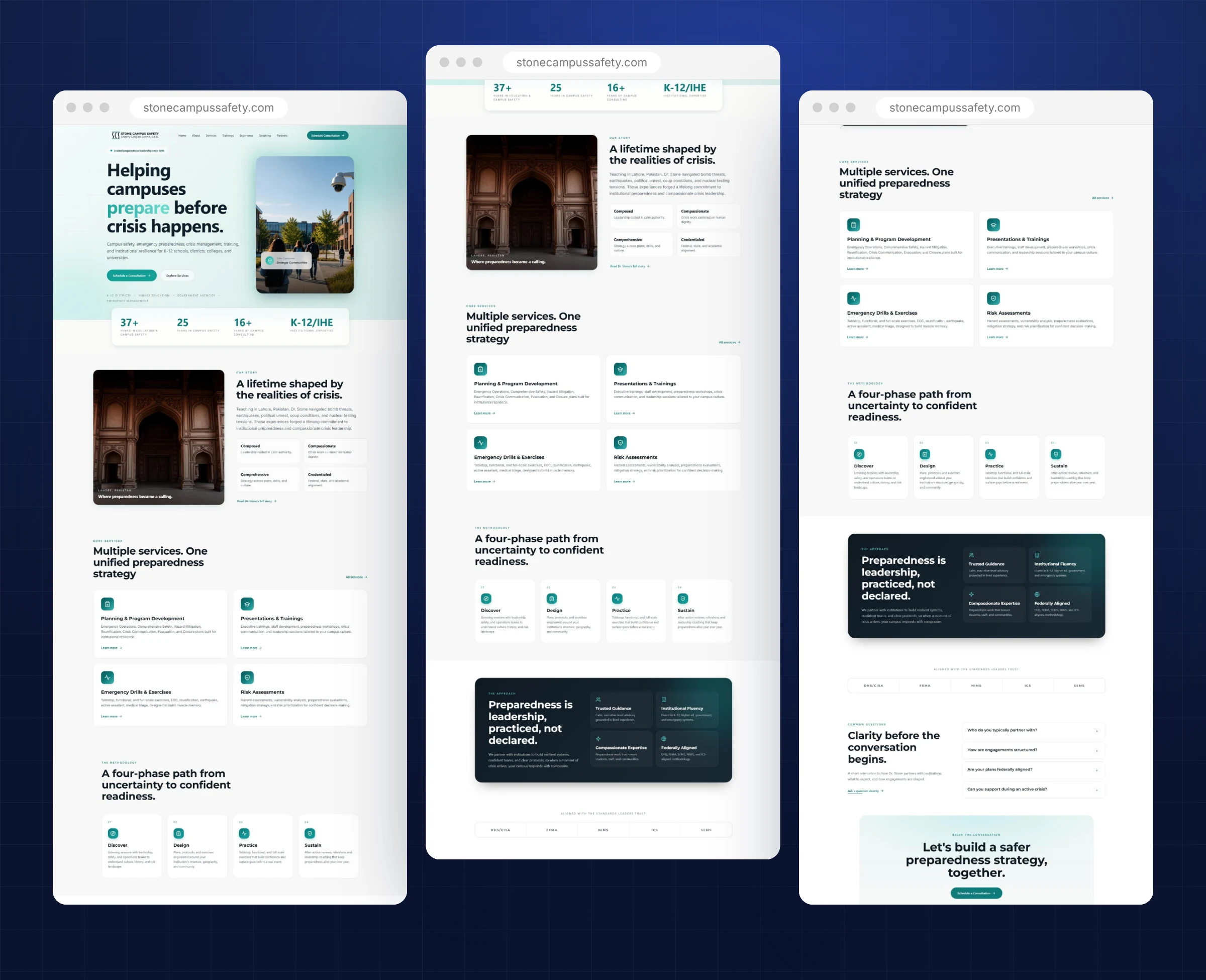 Complete homepage sections of the campus safety consultant website for Stone Campus Safety