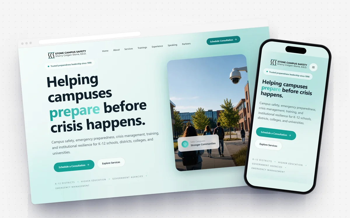 Stone Campus Safety homepage design on desktop and mobile
