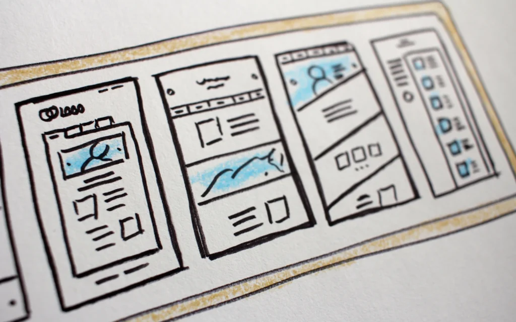 Website redesign checklist next to wireframe sketches on a designer's desk
