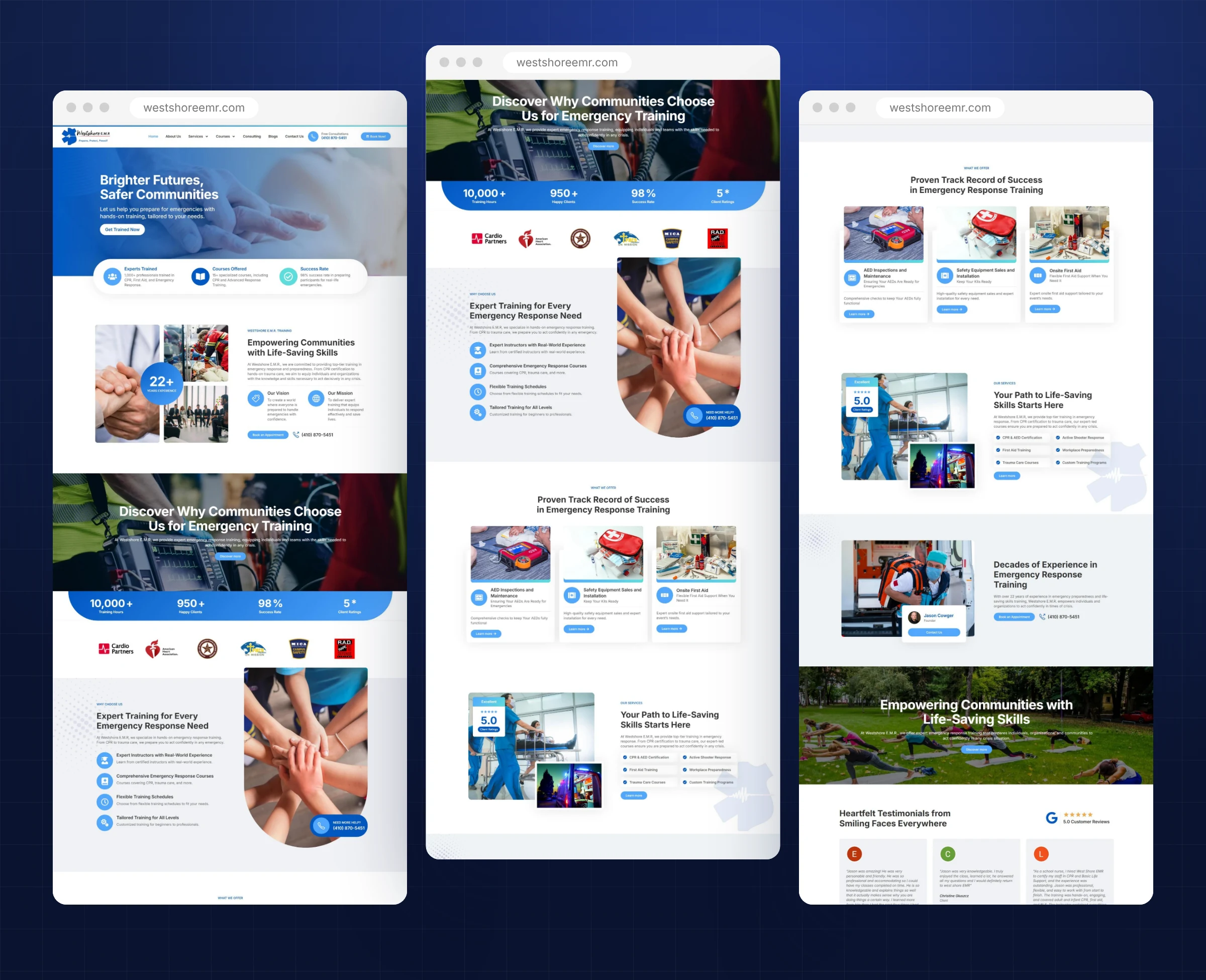 Complete homepage sections of the CPR training website design for Westshore E.M.R.